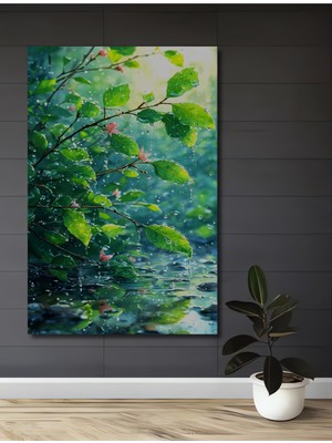 Teona Ahşap Yağlı Boya Görünümlü Yaprak ve Çiçek Yağmurlu Gün Ev,antre,salon Tablosu Ahşap Ev,antre,salon Tablo