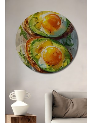 Teona Ahşap Yağlı Boya Görünümlü Avokado Yumurta Tost Ahşap Dekoratif Tablo Yuvarlak Duvar Tablosu