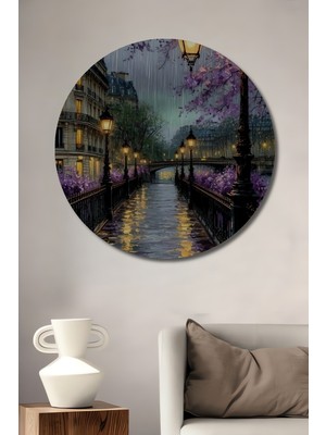 Teona Ahşap Paris Romantik Yağlı Boya Görünümlü Dekoratif Ahşap Tablo Yuvarlak Duvar Tablosu
