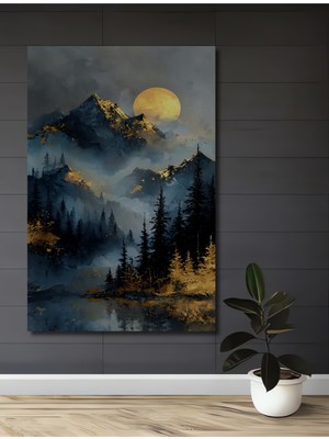 Teona Ahşap Altın Işıltılı Dağ Manzarası Sulu Boya Görünümlü Modern Sanat Dekoratif Ahşap Ev,antre,salon Tablo