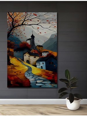 Teona Ahşap Sonbahar Köy Manzarası Yağlı Boya Görünümlü Ahşap Dekoratif Ev,antre,salon,ofis,mutfak Tablo