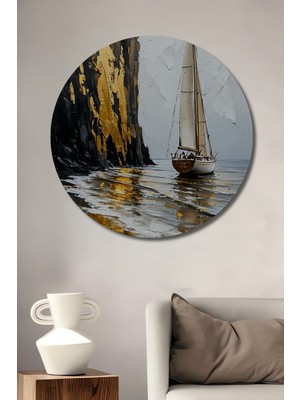 Teona Ahşap Altın Vuruşlu Yelkenli Tekne Manzarası Yağlı Boya Görünümlü Ahşap Dekoratif Tablo Yuvarlak Duvar Tablosu