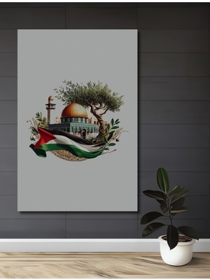 Teona Ahşap Filistin Bayrağı ve Kubbet-Üs Sahra Yağlı Boya Görünümlü Ahşap Dekoratif Ev,antre,salon,ofis Tablo
