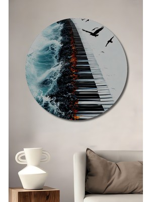 Teona Ahşap Piyano Ateş Dalga Kuş Baskı Ahşap Tablo Yuvarlak Duvar Tablosu