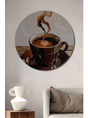 Teona Ahşap Buharlı Kahve Tabağı Üzerinde Kalp Sanatlı Yağlı Boya Görünümlü Dekoratif Ahşap Tablo Yuvarlak Duvar Tablosu