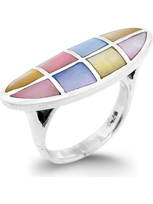 Oya Silver Retro Panama Renkli Sedef Taşlı Gümüş Kadın Yüzük [OYSY105]