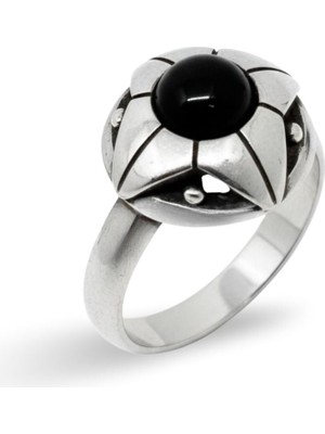 Oya Silver Oniks Taşlı Noir Kadın Gümüş Çiçek Yüzük [OYSY111]