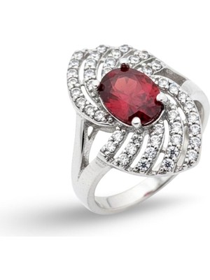 Oya Silver Oval Kırmızı Zirkon Taşlı Kadın Gümüş Yüzük [OYSY115]