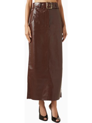 Belted Maxi Skirt, Lüks Kahverengi Eco Leather Kuşaklı Şık Maxi Etek