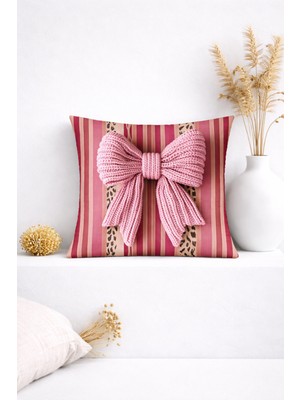 Ases Design 3D Pembe Triko Fiyonk Detaylı Çizgili Dekoratif Kırlent Kılıfı (45X45 Cm)
