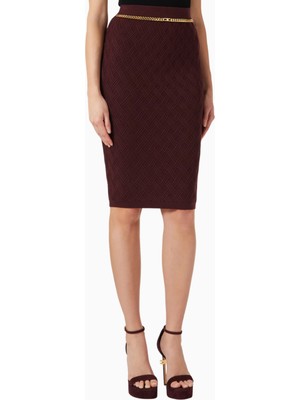 Elisabetta Franchi Dokulu Triko, Zincir ve Taş Detaylı Lüks Chain Accent Midi Etek