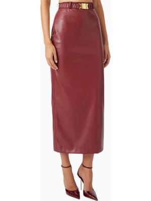 Belted Maxi Skirt, Lüks Koyu Kırmızı Eco Leather Kuşaklı ve Yırtmaçlı Deri Etek