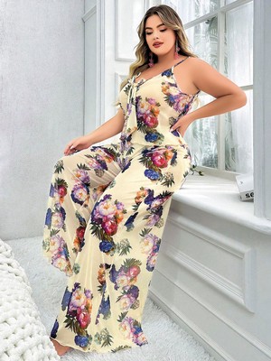Çamaşır Kenti Özel Tasarım Büyük Beden Çiçek Desenli Ince Askılı 2'li Pijama Takımı