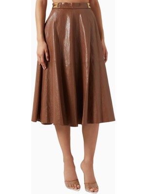 Elisabetta Franchi Crackled Deri Görünümlü, Siyah Kloş Midi Etek