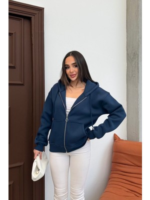 Mezka Kadın Kapüşonlu Bağcıklı Sweatshirt Fermuarlı 3 Iplik Şardonlu Rahat Kesim