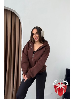 Mezka Kadın Kapüşonlu Bağcıklı Sweatshirt Fermuarlı 3 Iplik Şardonlu Rahat Kesim