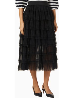 Maje Ruffle Tiers Siyah Tül Midi Etek, Katmanlı ve Zarif Siluet