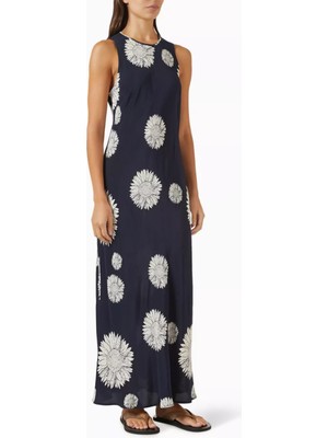 Asceno Valencia Ipek Crepe Elbise Navy Sunflower Zarif & Çok Yönlü