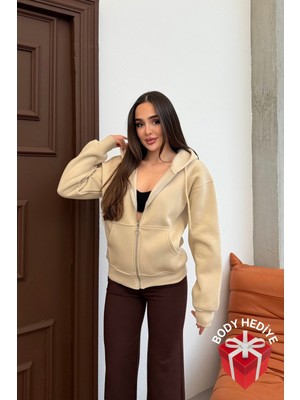 Mezka Kadın Kapüşonlu Bağcıklı Sweatshirt Fermuarlı 3 Iplik Şardonlu Rahat Kesim