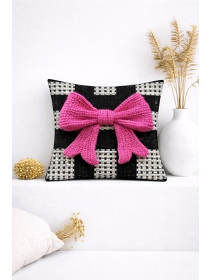 Ases Design 3D Fuşya Fiyonk Detaylı Grafik Kafes Desenli Dekoratif Kırlent Kılıfı (45X45 Cm)