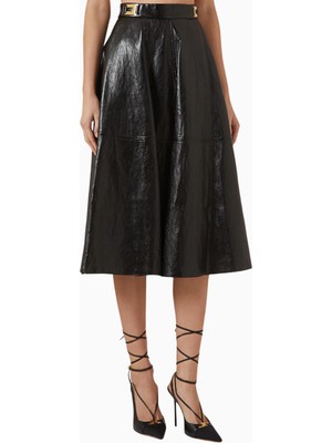Elisabetta Franchi Crackled Deri Görünümlü, Siyah Kloş Midi Etek