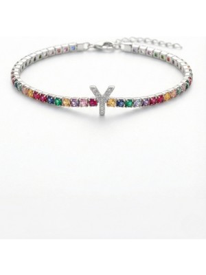 Parmas Design Harfli Kişiye Özel Renkli Taşlı 925 Ayar Gümüş Kadın Bileklik