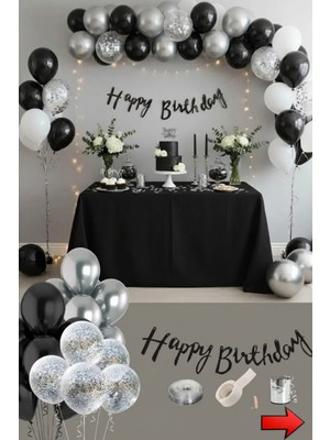 Baloncu Dede Siyah Gümüş Konsept Balon Seti Happy Birthday Yazılı Doğum Günü Süsleme Parti Dekorasyonu