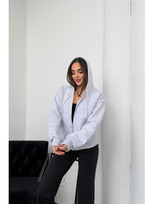 Mezka Kadın Kapüşonlu Bağcıklı Sweatshirt Fermuarlı 3 Iplik Şardonlu Rahat Kesim