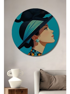 Teona Ahşap Kedi ve Kadın Portresi Yağlı Boya Görünümlü Dekoratif Ahşap Tablo Yuvarlak Duvar Tablosu