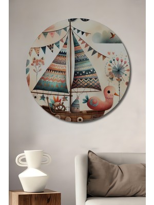 Teona Ahşap Renkli Yelkenli Tekne ve Sevimli Ördek Sulu Boya Görünümlü Ahşap Dekoratif Tablo Yuvarlak Duvar Tablosu