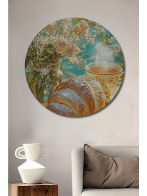 Teona Ahşap Yağlı Boya Görünümlü Kır Croissant ve Çiçek Sanat Tablosu Yuvarlak Duvar Tablosu