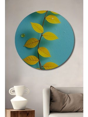 Teona Ahşap Canlı Sarı Yaprak Desenli Yağlı Boya Görünümlü Ahşap Dekoratif Tablo Yuvarlak Duvar Tablosu