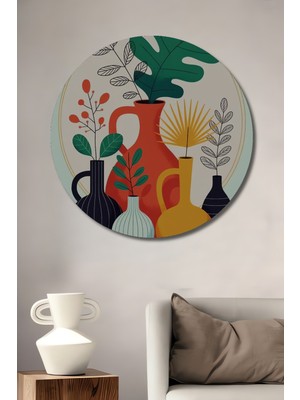 Teona Ahşap Modern Sanat Vazo ve Bitki Kompozisyonu Ahşap Dekoratif Tablo Yuvarlak Duvar Tablosu