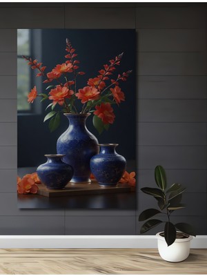 Teona Ahşap Canlı Koyu Mavi Vazo Çiçek Buketi Yağlı Boya Görünümlü Dekoratif Ahşap Ev,antre,salon,ofis Tablo