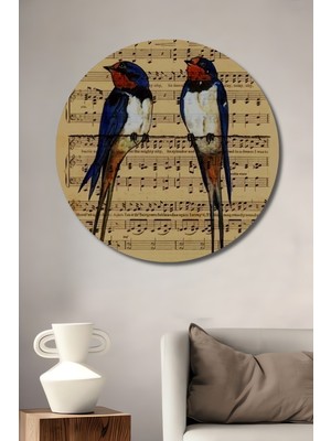 Teona Ahşap Kuşlu Nota Sulu Boya Görünümlü Dekoratif Ahşap Tablo Yuvarlak Duvar Tablosu