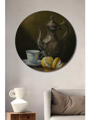 Teona Ahşap Klasik Yağlı Boya Görünümlü Limon ve Çay Seti Ahşap Dekoratif Tablo Yuvarlak Duvar Tablosu