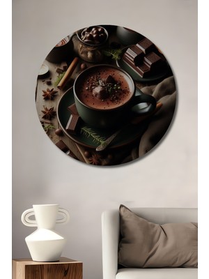Teona Ahşap Sıcak Çikolata Şöleni Yağlı Boya Görünümlü Ahşap Dekoratif Tablo Yuvarlak Duvar Tablosu