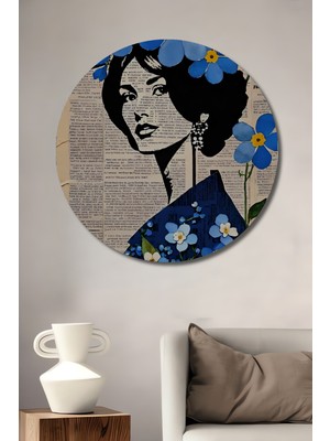 Teona Ahşap Marilyn Monroe Mavi Unutma Beni Çiçekleri Sulu Boya Görünümlü Dekoratif Ahşap Tablo Yuvarlak Duvar Tablosu