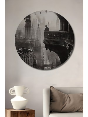 Teona Ahşap Buharlı Şehir Manzarası Silüeti Siyah Beyaz Görünümlü Dekoratif Ahşap Tablo Yuvarlak Duvar Tablosu