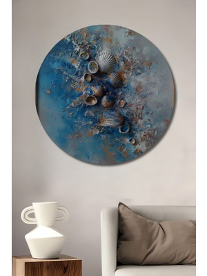 Teona Ahşap Deniz Kabukları Soyut Yağlı Boya Görünümlü Ahşap Dekoratif Tablo Yuvarlak Duvar Tablosu
