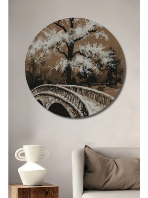 Teona Ahşap Beyaz Çiçek Açmış Ağaç ve Taş Köprü Manzaralı Sulu Boya Görünümlü Ahşap Dekoratif Tablo Yuvarlak Duvar Tablosu