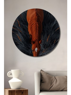 Teona Ahşap Kızıl At Doğada Yağlı Boya Görünümlü Dekoratif Ahşap Tablo Yuvarlak Duvar Tablosu
