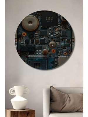 Teona Ahşap Teknolojik Detaylar Görünümlü Yağlı Boya Efektli Ahşap Dekoratif Tablo Yuvarlak Duvar Tablosu