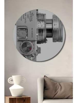 Teona Ahşap Leica Vintage Fotoğraf Makinesi Yağlı Boya Görünümlü Ahşap Dekoratif Tablo Yuvarlak Duvar Tablosu