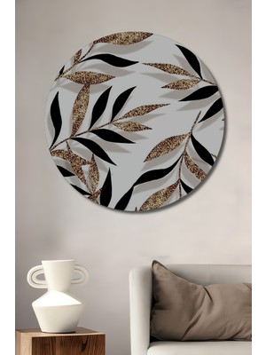 Teona Ahşap Altın Parıltılı Yaprak Desenli Modern Sanat Ahşap Tablo Yuvarlak Duvar Tablosu