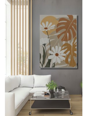 Teona Ahşap Bohem Yaprak ve Papatya Desenli Yağlı Boya Görünümlü Dekoratif Ahşap Ev,antre,salon,ofis Tablo