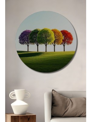 Teona Ahşap Beş Mevsim Ağaçları Sulu Boya Görünümlü Dekoratif Ahşap Tablo Yuvarlak Duvar Tablosu