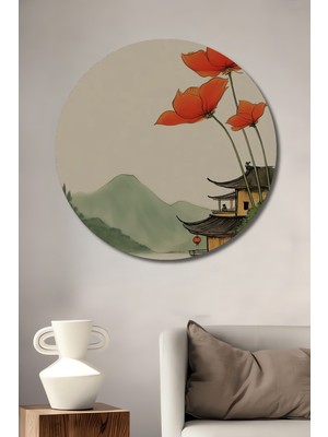 Teona Ahşap Turuncu Çiçekli Çin Evi Sulu Boya Görünümlü Ahşap Dekoratif Tablo Yuvarlak Duvar Tablosu
