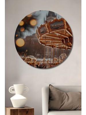 Teona Ahşap Masalsı Atlıkarınca Görünümlü Yağlı Boya Sanat Tablosu Ahşap Dekoratif Tablo Yuvarlak Duvar Tablosu