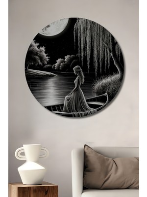 Teona Ahşap Bayan ve Dolunay Ağlayan Ağaç Manzarası Ahşap Dekoratif Tablo Yuvarlak Duvar Tablosu